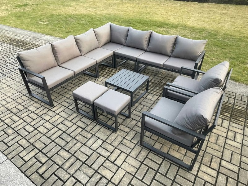 Fimous Aluminium Outdoor Garden Furniture Set Lounge Corner Sofa 2 Pcs Chair Square Coffee Table Sets with 2 Small Footstools Dark Grey