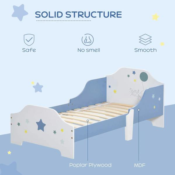 Blue and white toddler bed frame with curved headboard, footboard, and star decals