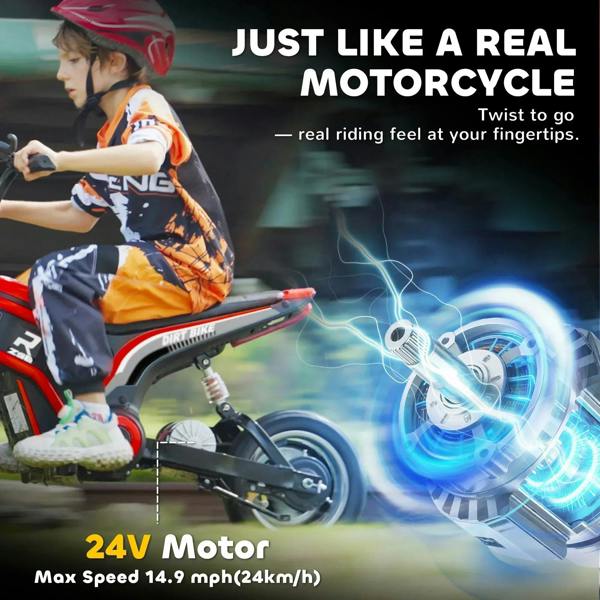 Red electric kids motorbike with rider, front wheel close to the camera