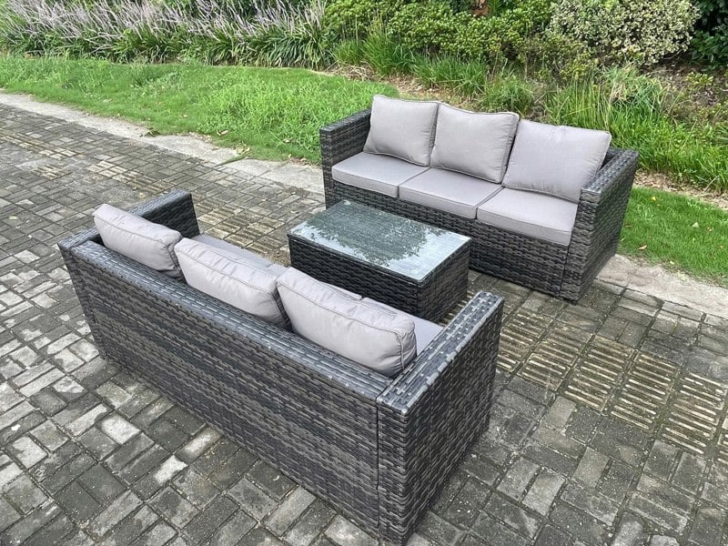 Fimous 6 Seater Rattan Garden Furniture Set Outdoor Patio Sofa Set with Oblong Table Dark Grey Mixed