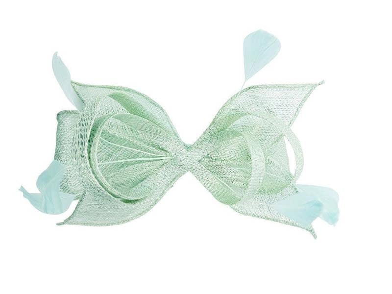 Bow Shaped Fascinator with Sinamay Curls & Feathers in Mint Blue - svnx