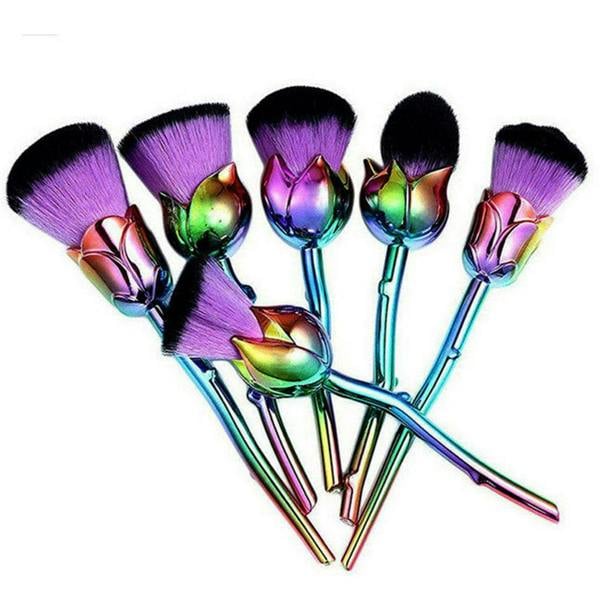 Aquarius 6pcs Rose Makeup Brush Set Purple Multi Coloured Flower Handle Cosmetic Kit