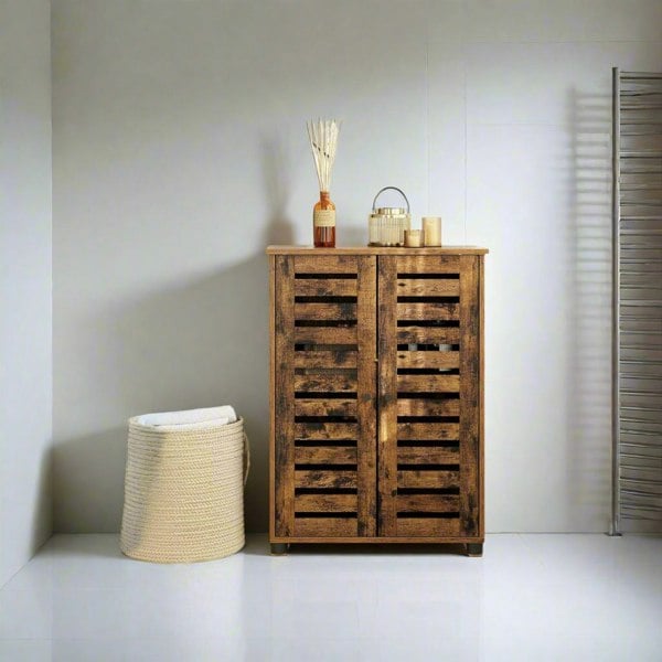 bathroom cabinet, rustic storage unit, louvred cabinet, freestanding sideboard, brown bathroom storage, multipurpose cabinet, adjustable shelf cabinet, compact storage unit, vintage style cabinet, living room cupboard

