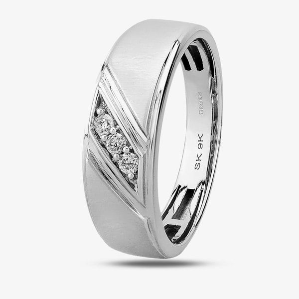 T. H. Baker 9ct White Gold Mens Matte And Polished Three Stone Diamond Wedding Ring TH014659R
