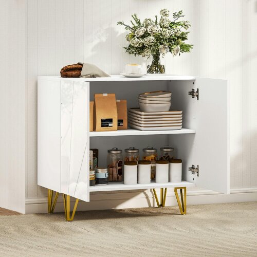 Wyld Haus Diro High Gloss White Geometric Pattern Sideboard With Gold Hairpin Legs
