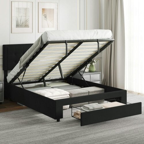 Wyld Haus Mora 4FT6 Double Ottoman Bed Frame with Front Divan Drawer Storage Black