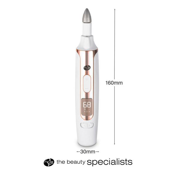 The Rio Precision Pro Electric Nail File in white and rose gold has a pointed tip, measures 160mm x 30mm, and features a digital display—ideal for precise nail care. Text below reads “the beauty specialists.”.