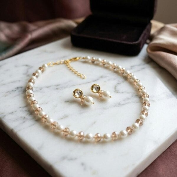The Colourful Aura Pearl and Champagne Crystal Necklace and Earring Set in 18ct Gold Plate