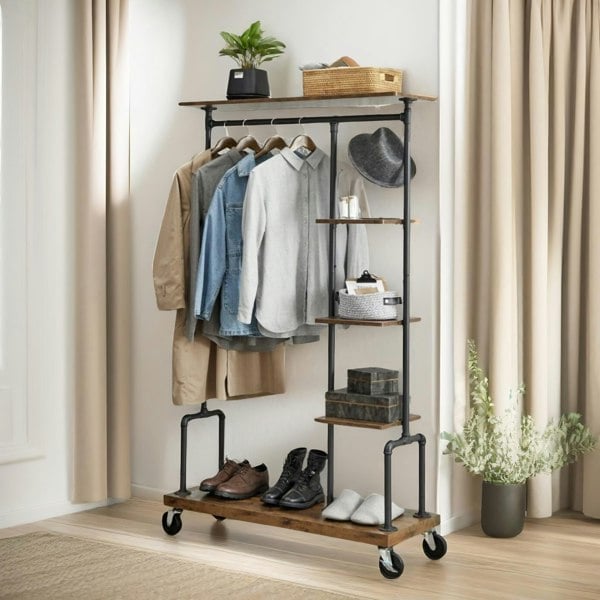 Rafaelo Mobilia Industrial Open Wardrobe On Wheels Rustic Brown