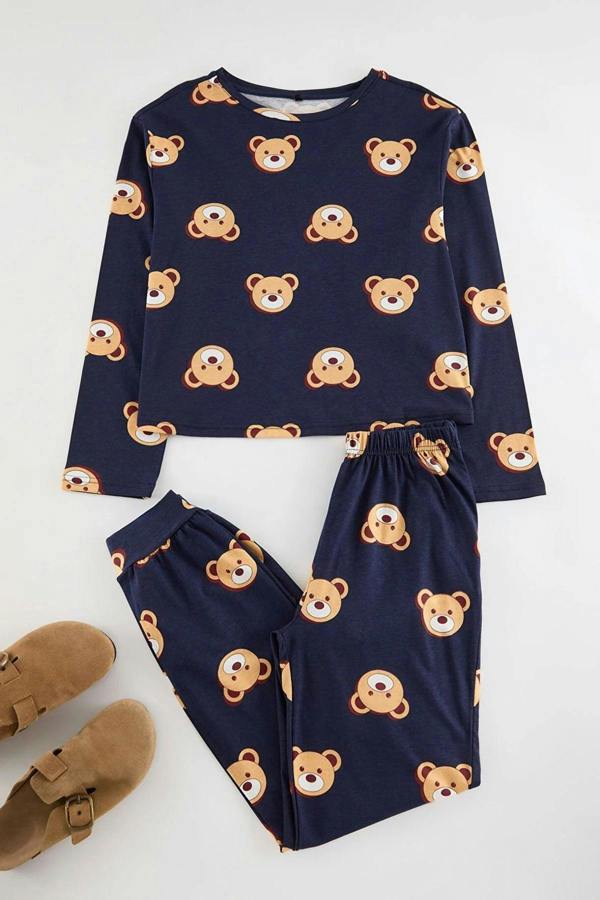 Hoxton Gal 100% Cotton Knitted Pajama Set with Teddy Bear Print