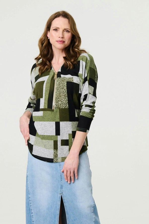 Green | Geo Print Zip V-Neck Curve Hem Top
