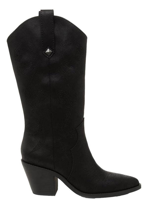 Rocket Dog Feria Womens Mid Calf Cowboy Western Pull On Boots, black leather cowboy boot with decorative stitching and a chunky heel.