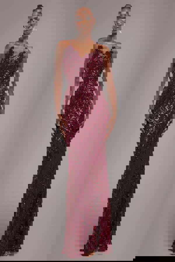 Cross Back Diamante Strap Sequin Maxi - Burgundy DR4009