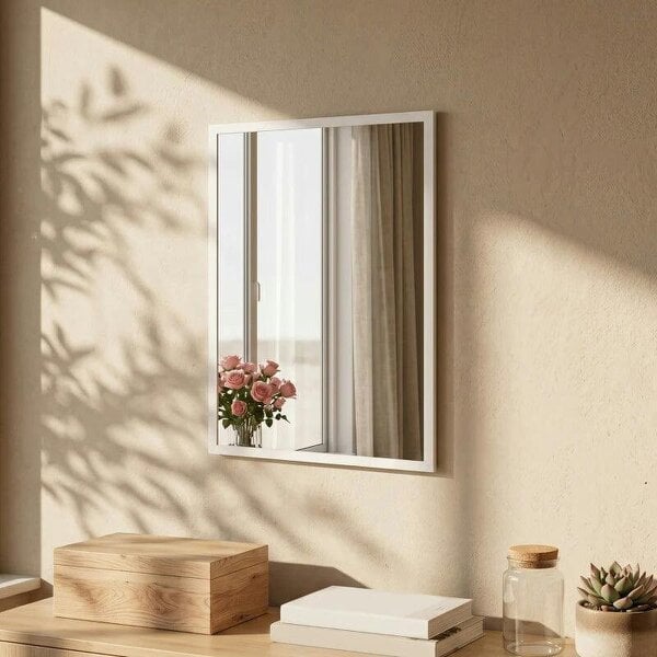 Bobobiy Wall-Mounted Bathroom Mirror, 70 x 50 cm Wall Mirror for Living Room, Bedroom, Hallway, White