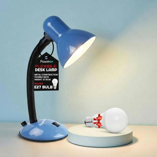 Powatron Flexible Desk Lamp with Bulb Adjustable Neck Metal Construction On/Off Switch & 1.5m Cable W/BS Approved Plug Mains Powered Desk Lamps