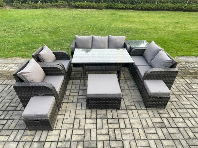 Fimous 10 Seater Garden Rattan Furniture Dining Table Sofa Set Indoor Outdoor with 2 Reclining Chairs Side Table 3 Footstools Dark Grey Mixed