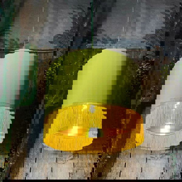 Love Frankie banana cotton lampshade gold lining and fringing light on