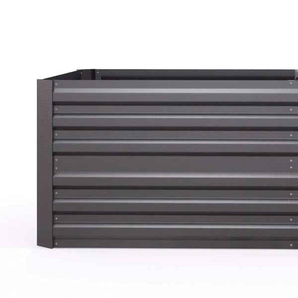 Dark grey raised garden bed planter close-up of slatted steel side panels