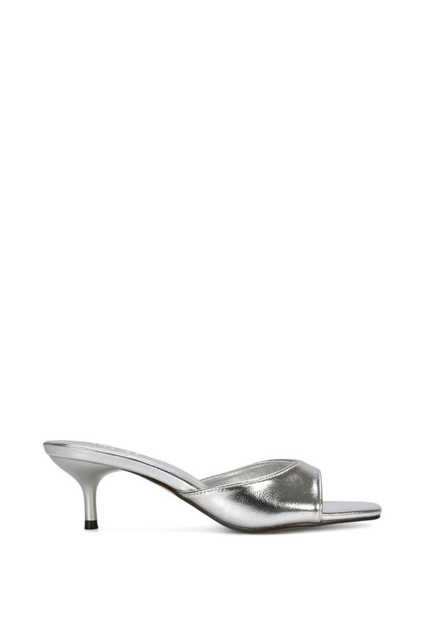 XY LONDON Square Toe Kitten Heel Slip On Heeled Sandal Mules - Silver