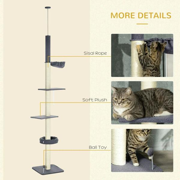 Cat tree details: sisal rope posts, soft plush perches, and ball toy on cream frame