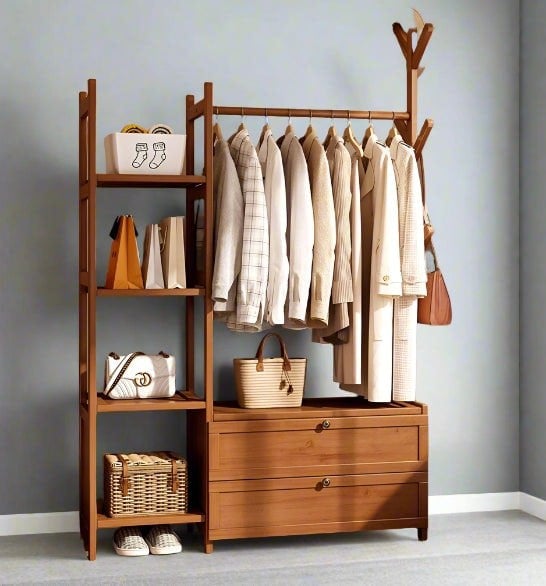 Modcraft Large Heavy Duty Bamboo Clothes Rail Rack with Drawers & Hooks – Open Corner Garment Stand Wardrobe