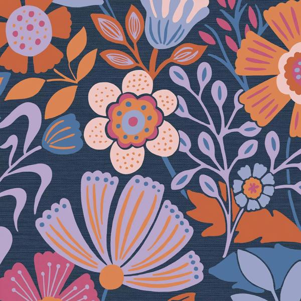 Envy Oopsy Daisy Wallpaper - Blue Lilac and Tangerine - 10m