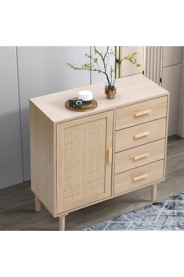 Living and Home Wood and Rattan Accent Side Cabinet