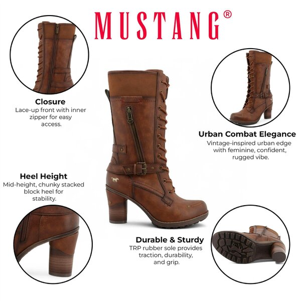 Mustang Women's Brown Mid-Calf Lace Up Heeled Combat Boots