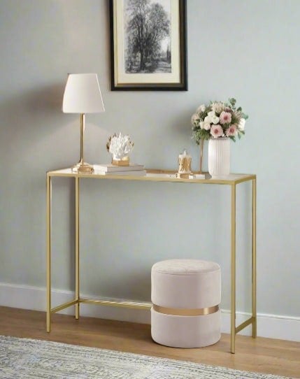 Modcraft Modern Golden Metal Console Table with Tempered Glass Top – 100 x 35 x 80 cm