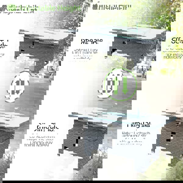 buxton rattan 9 seat rising firepit corner set in ocean grey with grey cushions