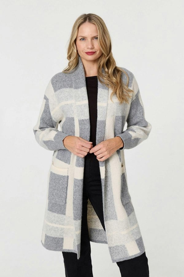 Grey | Checked Open Front Longline Cardigan
