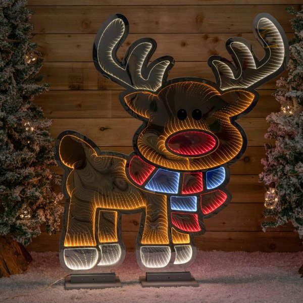 Samuel Alexander 1.20m x 1.9m Light up Cute Christmas Reindeer Infinity Mirror Decoration with Multi-Coloured LEDs