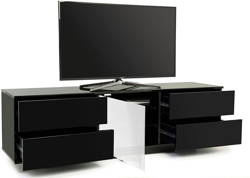 Centurion Supports AVITUS ULTRA Remote Friendly Beam-Thru Premium Black with 4-Black Drawers 32"-65" Flat Screen TV Cabinet