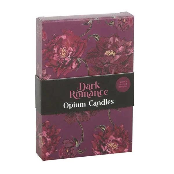 Set of 6 Opium tealight candles in maroon floral gift box