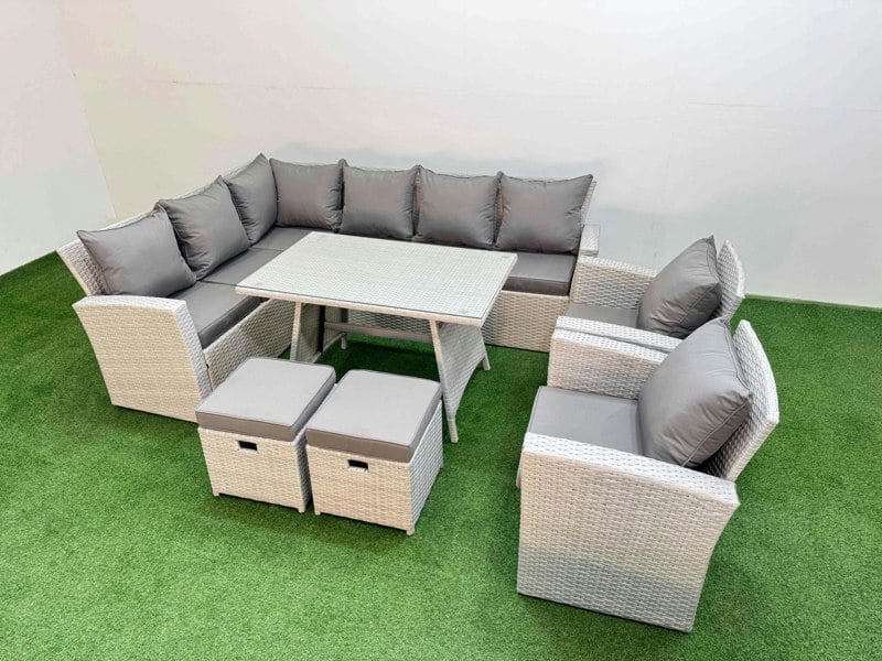 Fimous Garden Outdoor Rattan Furniture Set Rattan Corner Sofa Oblong Dining Table with 2 Armchairs 2 Small Footstools Light Grey Mixed 10 Seater