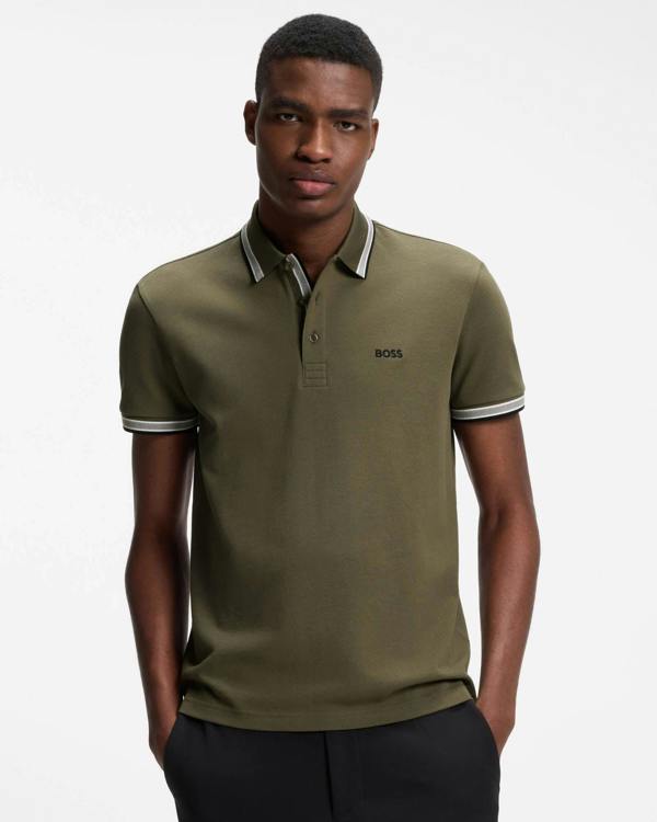BOSS Green Paddy Mens Cotton-Piqué Polo Shirt with Contrast Logo - Open Green 398