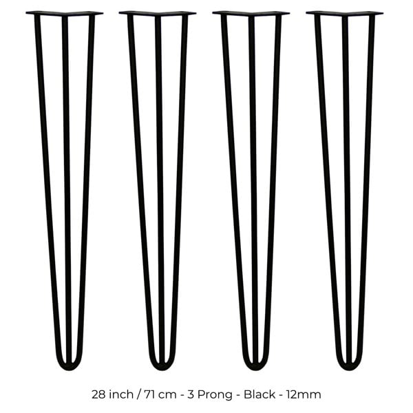 SkiSki 4 x 28" Hairpin Legs - 3 Prong - 12mm - Black