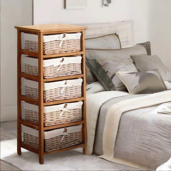 Rafaelo Mobilia 5 Drawer Wicker Basket Storage Unit Brown