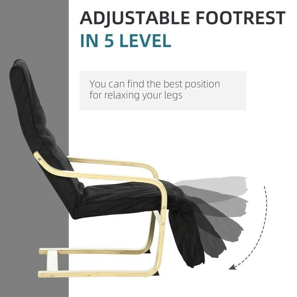 Black upholstered lounge chair with adjustable footrest, bentwood frame