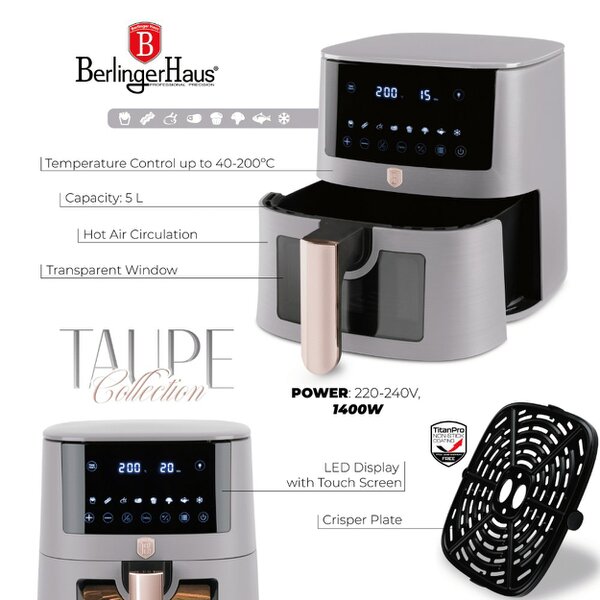 Berlinger Haus Air fryer, 5 L, visible window Berlinger Haus BH9491 Taupe