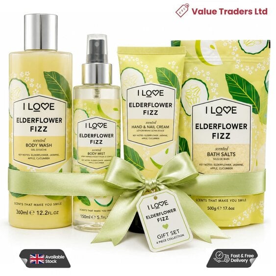 I Love Elderflower Fizz Body Wash, Mist, Hand Cream, Bath Salts, Gift Set 4