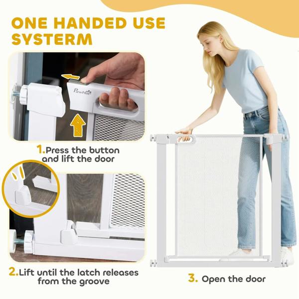 White pet safety gate latch handle for one-handed use, showing release button