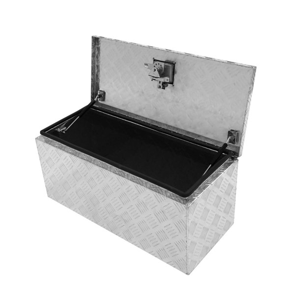 Large 70L aluminum tool box with a diamond plate texture, featuring a secure lock and spacious black interior for tools and equipment