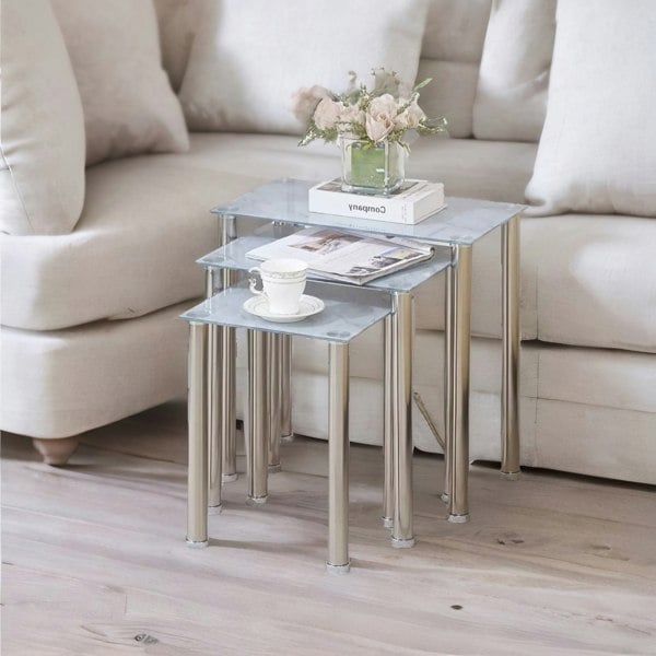 Rafaelo Mobilia Set Of 3 Glass Marble Nesting Tables Silver