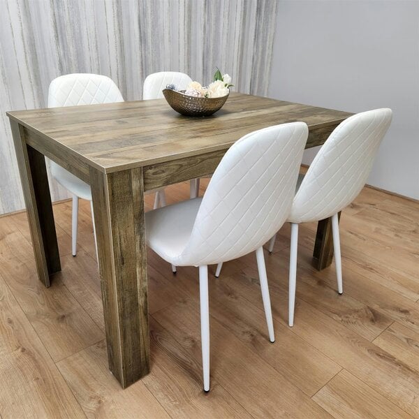 Kosy Koala Wooden Dining Table with 4 white Gem Patterned Chairs Rustic Effect Table with white Chairs