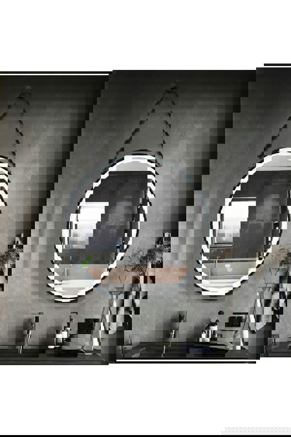 Living and Home D60cm Round Metal LED Mirror with Hanging Strap