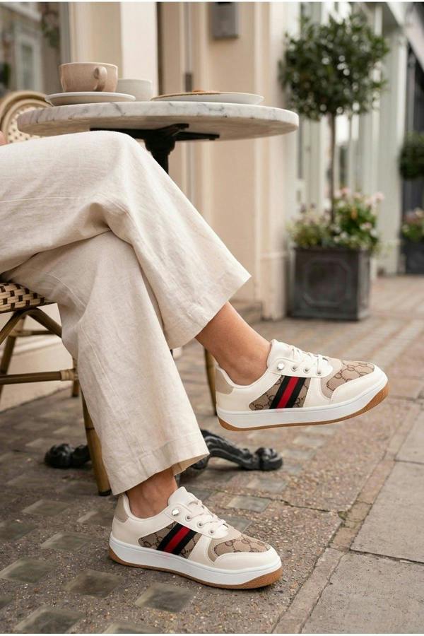 Pearl Patterned Panel Lace Up Trainers - Khaki