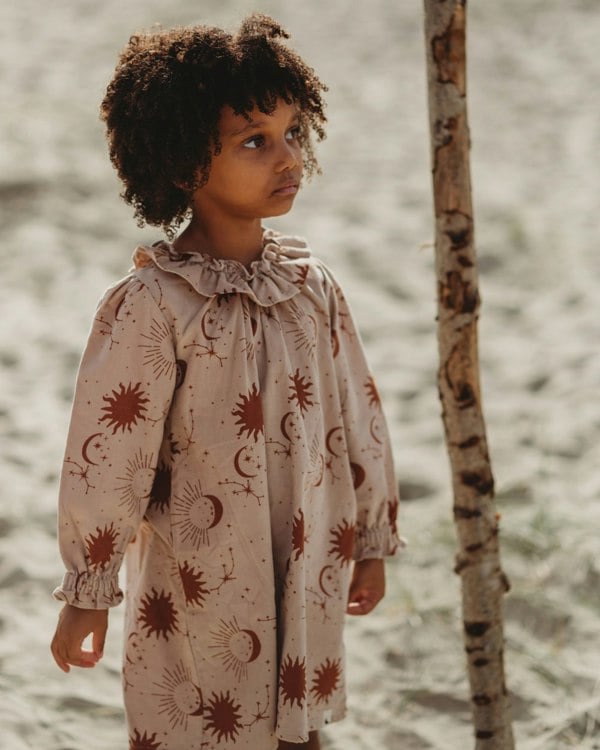 Beige Celestial Print Ruffle Neck Dress - image 3