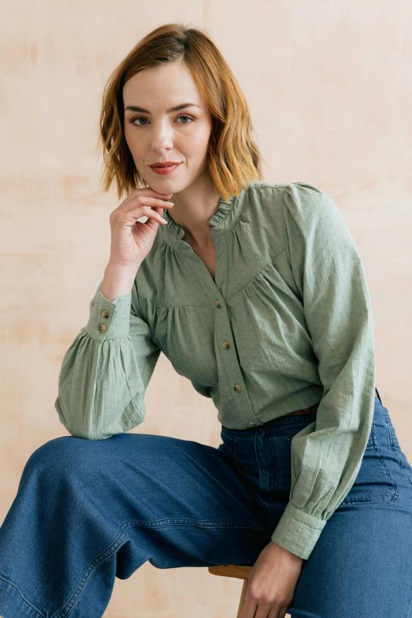 Lily & Me Wayfaring Embroidered Cotton Blouse Silver Sage