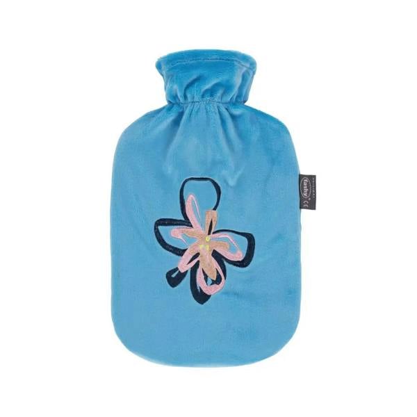 Soft blue Fashy 2L hot water bottle with pink flower plush cover